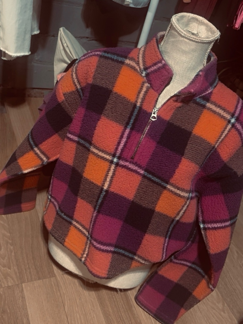 American Eagle Outfitters Pink, Orange & Brown Plaid Half-Zip Fleece